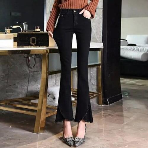 Women Flare Jeans Korean Ankle-Length Elastic Mid Waist Nine Tassel Harajuku Pants Ladies Slim Autumn Streetwear 2021 Trousers