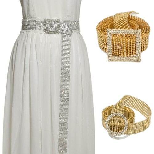 Luxury Womens Rhinestone Belt Female Bright Bride Wide Bling Crystal Diamond Waist Long Chain Belt Rhinestones Pearl Belts