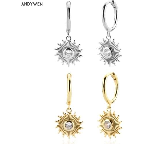 ANDYWEN 925 Sterling Silver Gold Sparkle Drop Earring Women Fashion Fine Jewelry Clips Piercing Pendiente Luxury Jewelry Gift