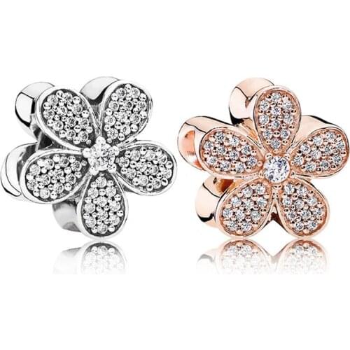Free Shipping Authentic 925 Sterling Silver Daisy Flower Pave Charm Fit Original Bracelet For Women DIY Jewelry S925 Beads