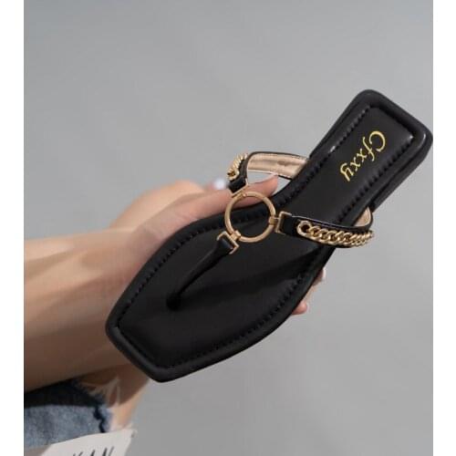 Fashion Womens Flip-flops square toe Women Flat Sandal Metal Buckle Slippers Beach Shoes Holiday Heel Flat Slippers size plus42