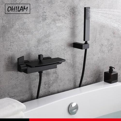 Contemporary Wall Mount Waterfall 2-Handle Matte Black Bathtub Filler Faucet Chrome Mixer Taps With Hand Shower