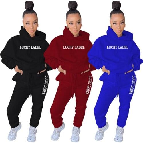 Plus Size S-4XL Lucky Label Two Piece Set Women Sweatsuit Winter Clothes Outfit Hooded Sweatpants Joggers Wholesale Dropshipping