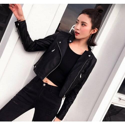 2018 Spring and Autumn Korean Style Fashion womens PU zipper Leather Coat Locomotive Students Leisure Jacket