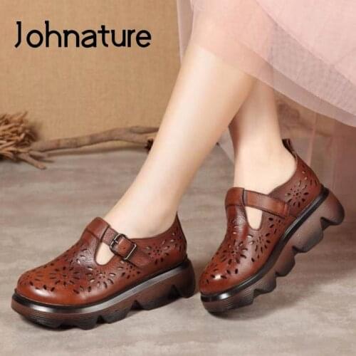 Johnature Women Sandals 2021 New Genuine Leather Summer Buckle Strap Retro Shoes Handmade Concise Casual Platform Ladies Sandals