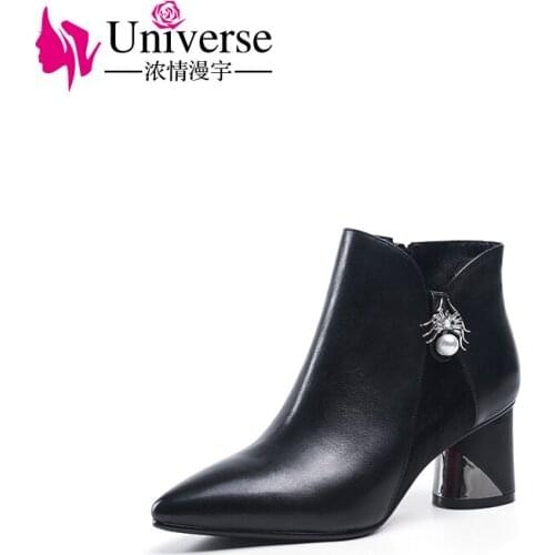 Universe Silver Spider Genuine Cow Leather Ankle Boots Short Plush Warm Winter Boots Women 6cm/2.36" High Heel Handmade Zip H290