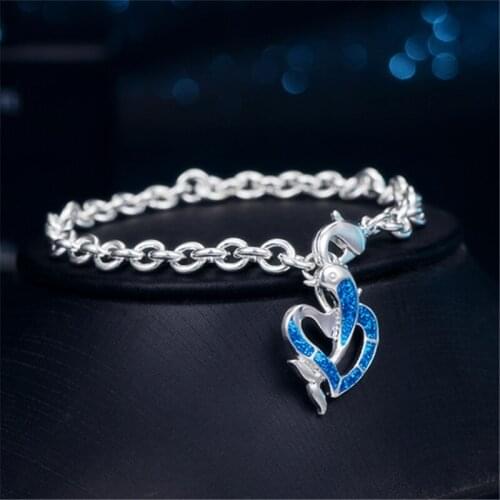 Ocean World Animal Style Dolphin Love Shape Charm Bracelet for Women Silver Hand Chain Bangle