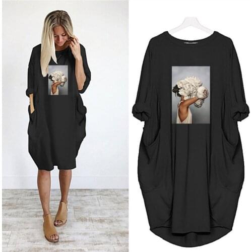 Women Dress Cute Cartoon Printed Pocket New Casual Loose Dresses Vintage Party Fall Clothes Kawaii Women Dress 2021