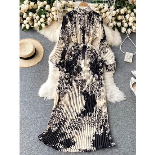 2021 New Spring Retro Print Pleated Long Maxi Vestidos Femininity Small Stand-up Collar Puff Sleeve Slim Holiday Dress C293