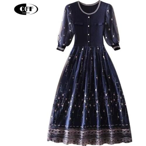 Women Knitted Patchwork Mesh Midi Dress Summer A-line Elegant Embroidery Vintage Plus Size Vintage Casual Traf Party Dresses ZA
