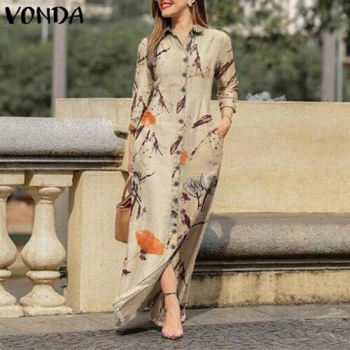 Women Vintage Long Sleeve Dress 2021 VONDA Elegant Lapel Collar Floral Print Long Maxi Dresses Robes Longue Casual Vestidos