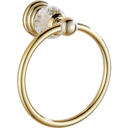 Gold Copper Bathroom Towel Ring/Rack Solid Brass & Crystal Base Bath Hardware Nail Punched Wall Mounted Round Type Chrome