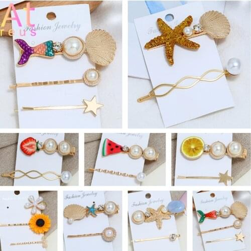 2/3pcs Women Fashion Imitiation Pearl Shell Hairpins Hair Clips Set Summer Beach Hairgrip Hair Accessories Starfish Headwear