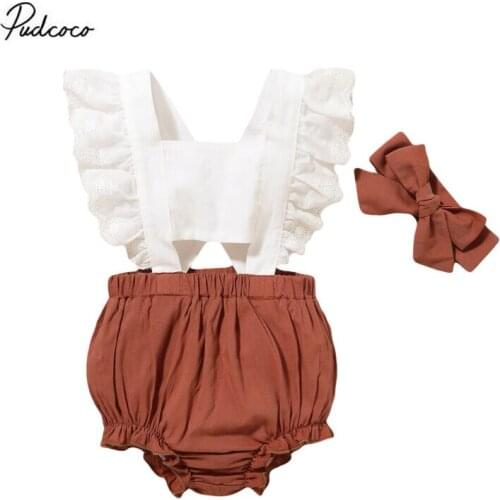 2020 Newborn Toddler Baby Kids Girl 2pcs Summer Clothes Lace Fly Sleeve Patchwork Tops Ruffle Romper Outfit New