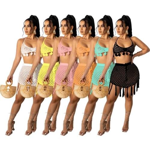 2021 New Crochet Beach 2PCS/SET Bikini Cover-Ups Hollow Out Tassel Bra Top+Mini skirt Sexy Ladies Swimming Cover Up Bathing Suit