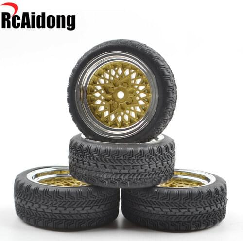 4pcs 12mm Hex Flat Racing Rubber Tires w/Wheel Rim for Tamiya TT-02 TT-01 MF-01X TA05 Traxxas Redcat Racing HSP 1/10 On-Road Car