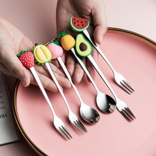 Fruit Shaped Dessert Spoon Fork Stainless Steel Long Short Handle Cartoon Ice Cream Coffee Stirring Teaspoons Kitchen Tableware