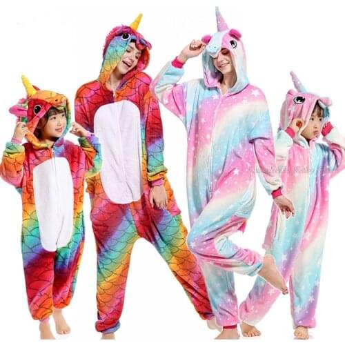 Kigurumi Anime Adult Unicorn Costume Baby Kids Rainbow Pajamas For Girls Boys Tiger Onesie Zipper Fish Dinosaur Winter Clothes
