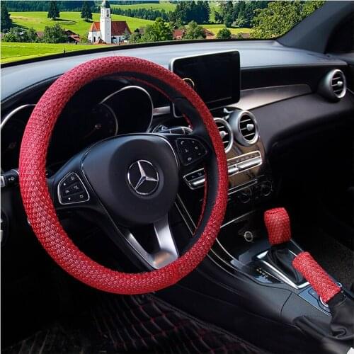 KKYSYELVA 3PCS New Leather Car Steering Wheel Cove r Red 38cm Diameter Universal Size Car inner accessories Auto wheel covers