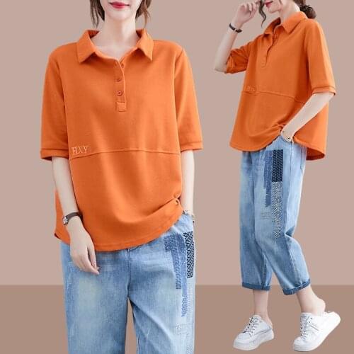 Suit Short-sleeved T-shirt Women 2021 Fashion Western Style Lapel Loose All-match Blouse Jeans Two-piece Woman