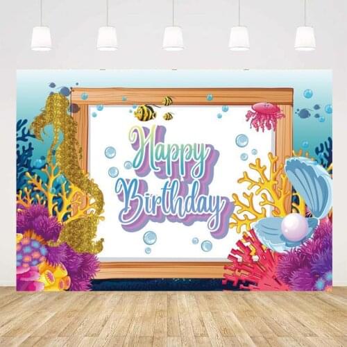 Beauty Gold Mermaid Girl Princess Birthday Backdrops Photography Coral Seaweed Big Pearl Underwater Photo Backgrounds