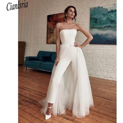 Fashion Strapless Wedding Jumpsuit With Detachable Train 2021 Summer Holiday Beach Bohemian Bride Dress With Pant Suit
