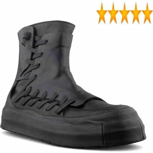 Men Harajuku Shoes Black High-Top Autumn Personality Genuine Cow Leather Desert Ankle Boots Luxury Round Toe Platform Sneakers