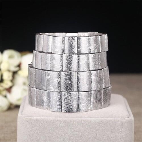 Genuine Natural Gibeon Meteorite Moldavite Rectangle Bangle Beads Bracelets Stretch Crystal 925 Silver Only One
