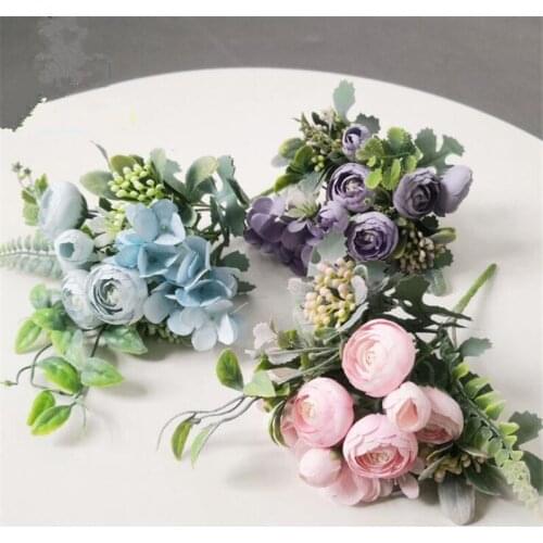 One Silk Hybrid Flower Bouquet Simulation Peony Hydragnea Tea Rose Mixed Bunch for Wedding Home Office Table Floral Decoration