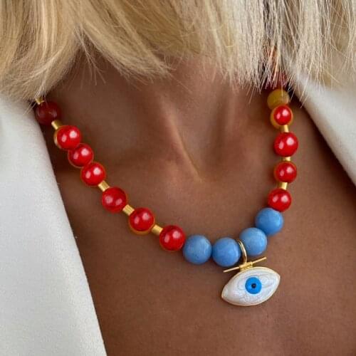 Wholesale red creative boho barok evil eye beaded metal heart pendant choker necklace jewelry women bijoux chunky chain charms