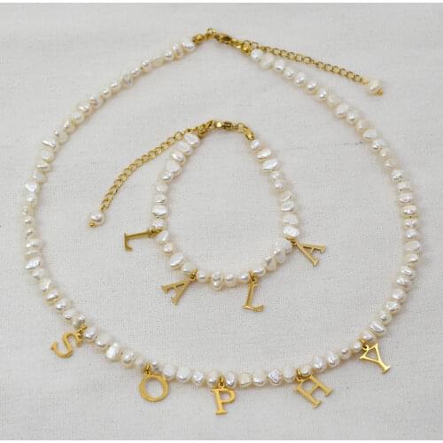 Leave Message Customized Real 18K Gold Plated Stainless Steel Name Necklace 26 Alphabet Freshwater Pearl Choker Factory Direct