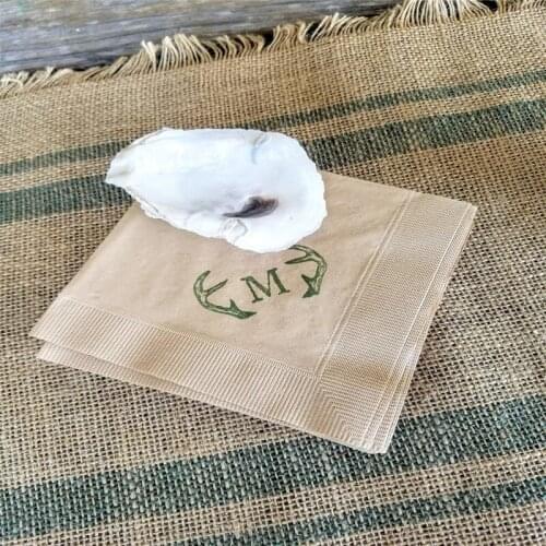 Personalized Cocktail Napkins Deer Antler Monogram Light Burlap Rustic Woodsy Fall Wedding Paper with Initial in Olive Green ink