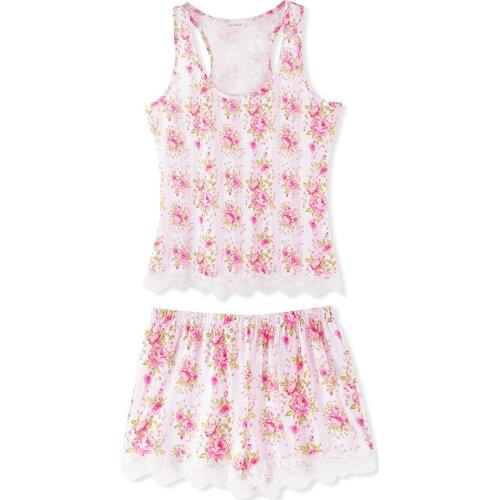 Floral Lace Patchwork Tank Tops Shorts 2Pcs Pajamas Sets for Women Sleepwear Sleeveless Casual Soft Pajama Woman Suit Clothes