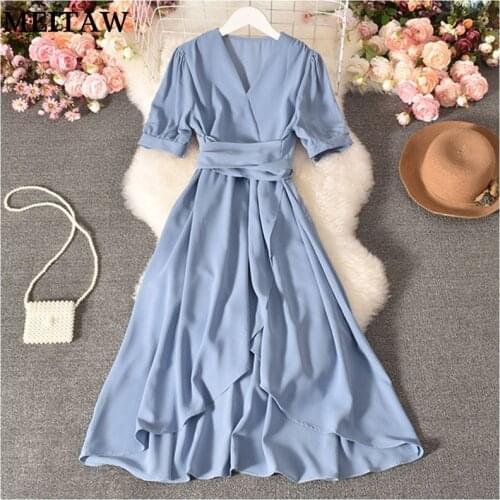 2021 Boho Solid Summer Midi Dress Ladies Deep V Neck Wrap Dress Female Short Sleeve Ruffle A Line Beach Dresses