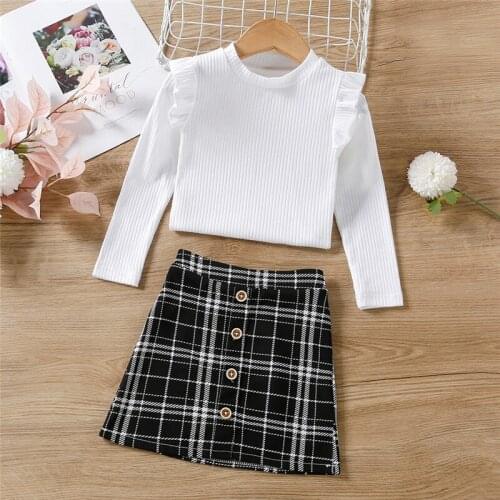 Blotona 2Pcs Infant Casual Outfits, Girls Ribbed Fly Sleeve Round Neck Knitted Pullover Tops+ Plaid Skirt with Buttons, 1-6Years