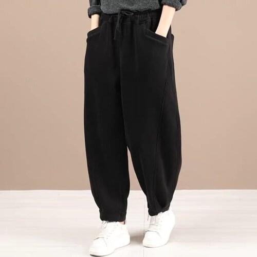 Casual Pants Double Pocket Cotton Warm Harem Pants Plus Size Autumn Winter New Arts Style Women Elastic Waist Loose