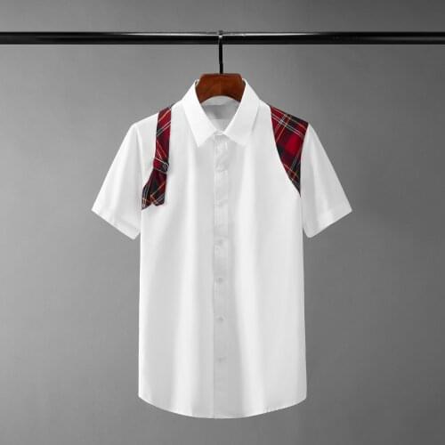 Minglu Cotton Male Shirts High Quality Short Sleeve Plaid Splicing Casual Mens Dress Shirts Fashion Slim Fit Rivter Mens Shirts