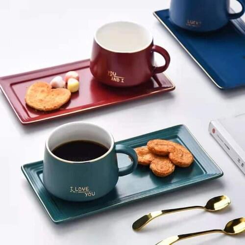 Light Luxury Ceramic Coffee Cup Set With Plates European Style Pure Blue Green Red Breakfast Afternoon Tea Milk Coffee Mug