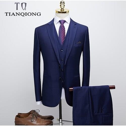 TIAN QIONG Blue Plaid Suit Men Luxury Brand Slim Fit Mens Suits with Pants Brand Groom Wedding Suit Man Business Formal Wear