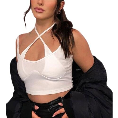 2021 Fashion Trend Womens Sleeveless Crop Tops Sexy Criss Cross Halter Neck Solid Color Cutout Tank Summer Causal Camisole