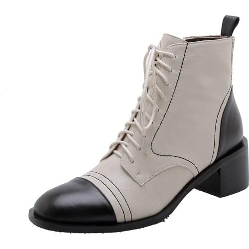 SKLFGXZY French brand Genuine leather Women boots Ankle boots Fashion female boots High heels lace-up Womens shoes Size 34-40