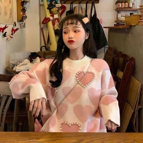 Womens Knit Sweaters and Pullovers O-Neck Pearl Beaded Sweaters Pullover Long Sleeve Sweet Pink Pullover