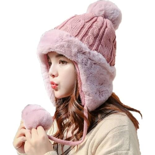 Winter Womens Bomber Hat with Pompom Ponytail Knitted hats Warm Soft Russian Ushanka Thicken Trapper Snow Ski Cap