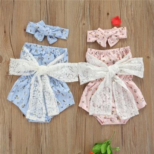 Summer Baby Girls Bodysuits Newborn Baby Clothes Toddler Girls Off Shoulder Lace Bowknot Flower Bodysuits Headband Soft Outfits