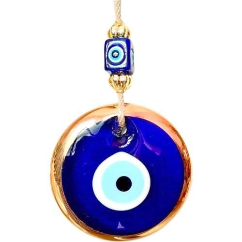 Big Size Golden Gilted Glass Blue Evil Eye Wall Hanging Ornament – Turkish Nazar Bead - Home Protection Charm - Wall Decor