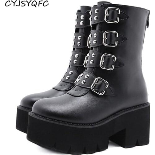 CYJSYQFC Punk Goth Women Platform Ankle Boots Black Round Toe Buckle Strap High Heels Motorcycle Boots Thick Bottom Combat Boots
