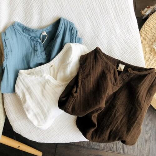 2020 Summer Childrens Baby Pure Color Cotton and Linen Artistic V-neck Vest