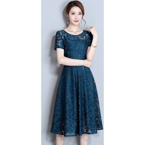 Lace dress Large size M-5XL women 2019 summer new temperament O-Neck Knee-Length dress vintage Solid color Short sleeve dress