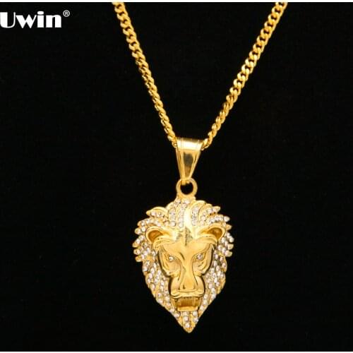 60cm Length Cuban Hip Hop Lion Head Pendant Necklace For Men Luxury Iced Out Cz Simulated Diamonds Stainless Steel Male Jewelry