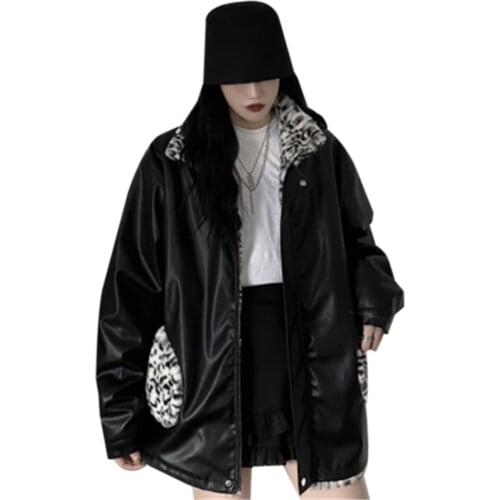 2021 Spring Autumn Womens PU Leather Coats On Both Sides Wear New Arrivals Leopard Loose Female Jackets Tide Ladies Overcoats